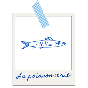 polaroid d'un dessin de poisson permettant de diriger vars la page de la poissonnerie
